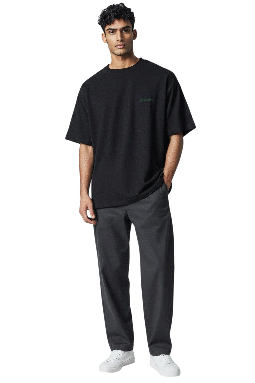 model in greenie pitch black tee
